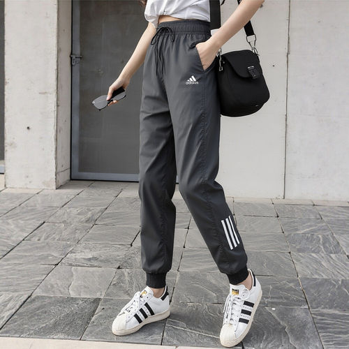 阿迪达斯灰色高腰运动裤女新款宽松休闲新款美式束脚灯笼卫裤子