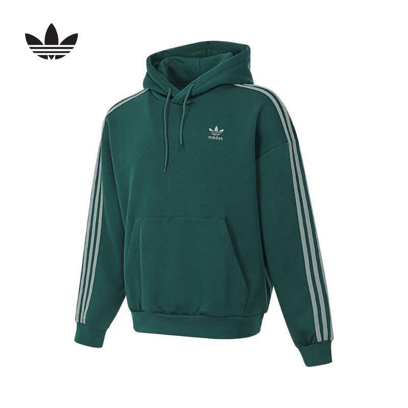 adidas阿迪达斯2025春新三叶草套头衫男三条纹绿色连帽卫衣JP1070