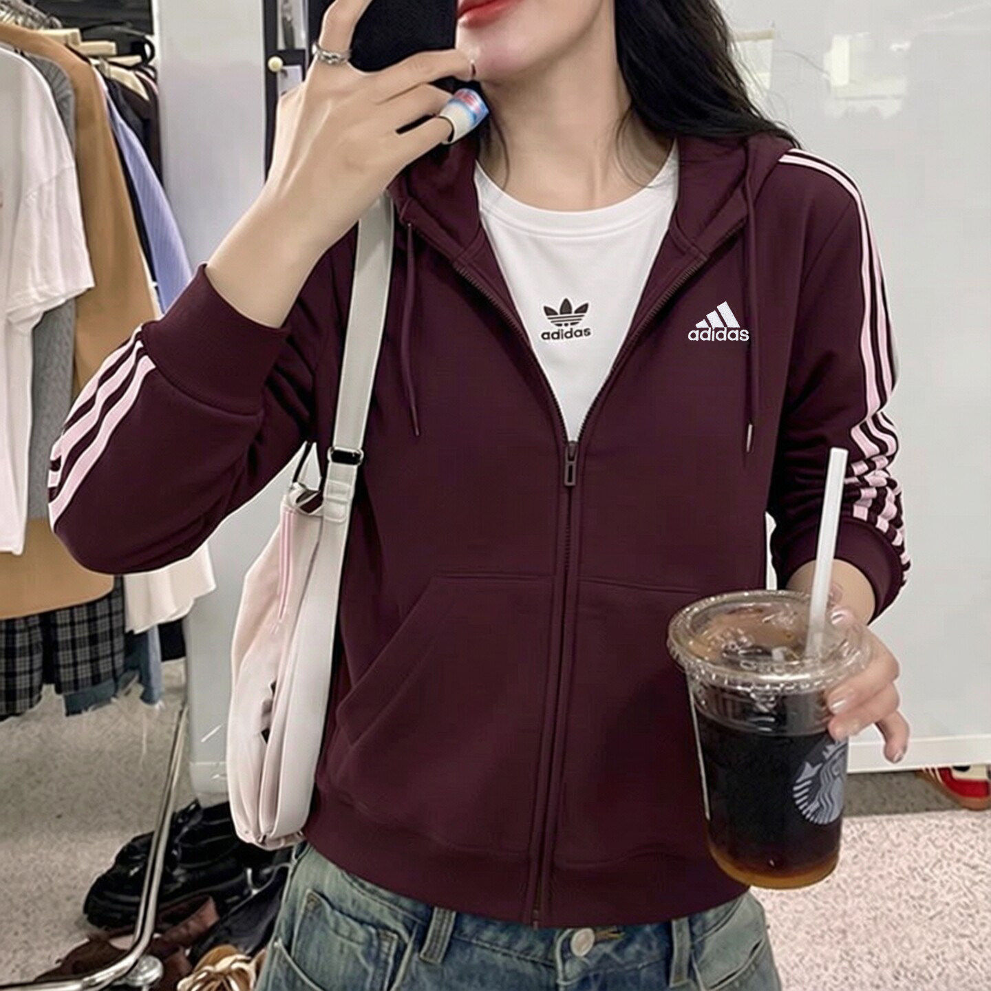 阿迪达斯酒红外套女秋季新款复古修身显瘦开衫防风针织运动服上衣
