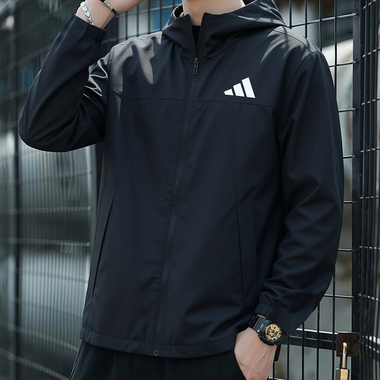 阿迪达斯梭织外套男防风衣秋季新款黑色户外休闲男士连帽运动夹克