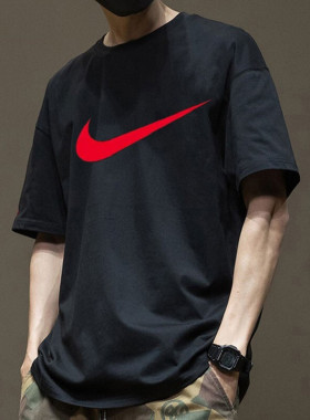 Nike耐克正品红色大标短袖男纯棉透气运动T恤黑色宽松休闲半截袖