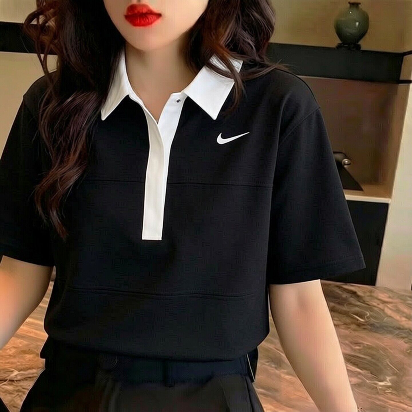 Nike耐克潮流拼接短袖针织女士POLO衫短款T恤正品宽松运动五分袖