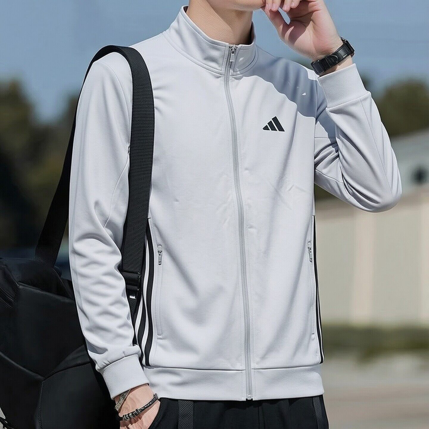 阿迪达斯立领外套男装新款运动服梭织透气修身上衣休闲浅灰色夹克