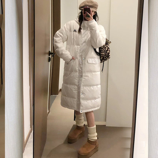 阿迪达斯长款羽绒服女冬季新款过膝白色女大学生中戏校园鸭绒外套