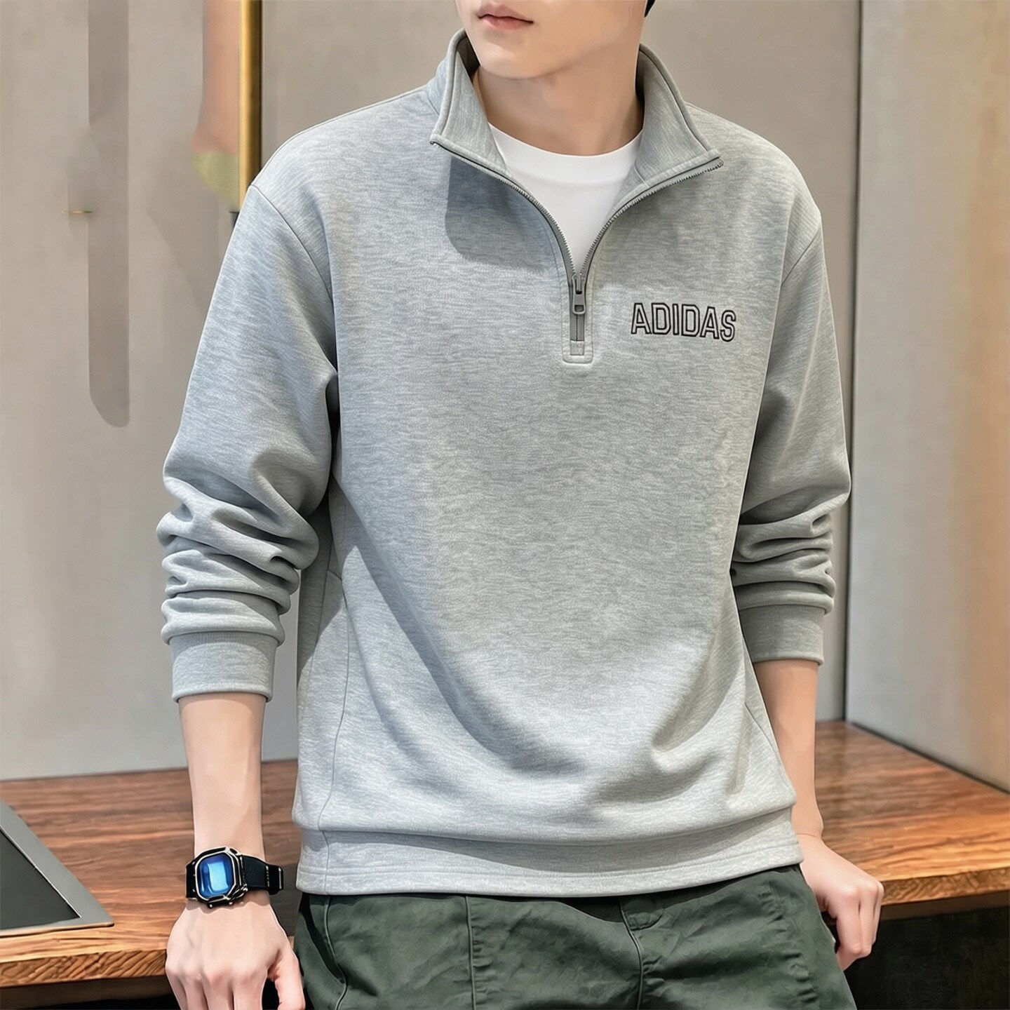 阿迪达斯半拉链卫衣男秋新款复古美式篮球运动宽松灰色立领套头衫