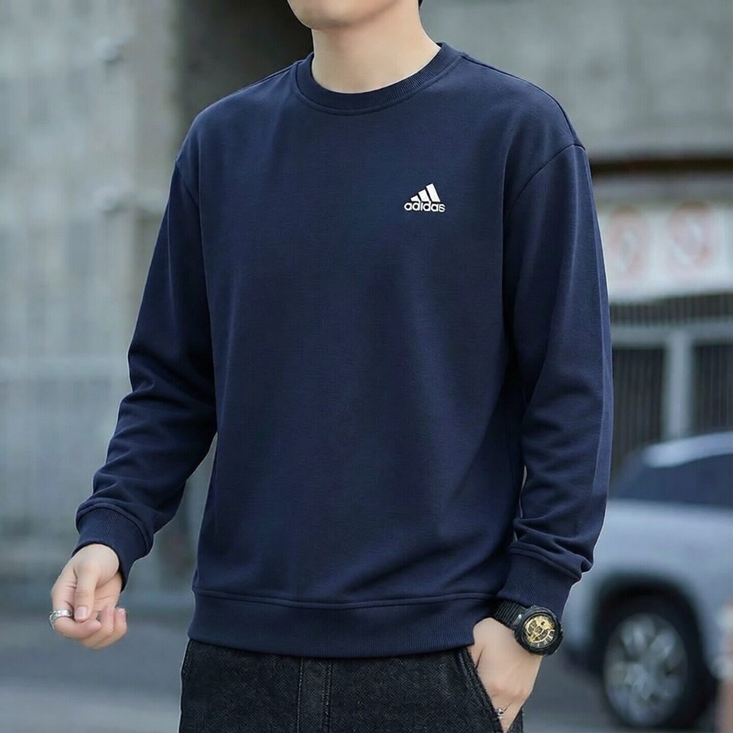 阿迪达斯重磅长袖t恤男新款运动内搭宽松蓝色打底衫衣服休闲卫衣