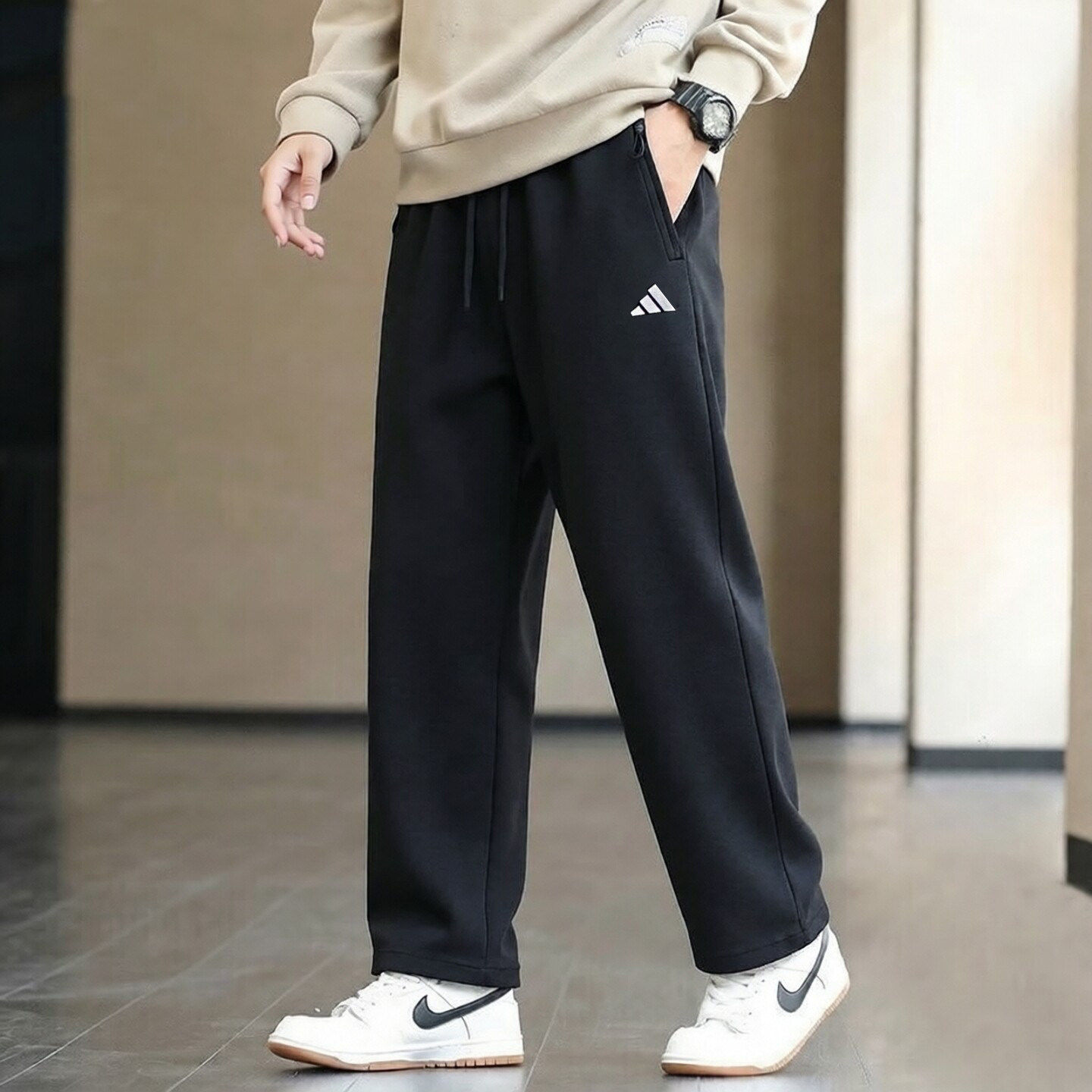 阿迪达斯直筒裤男运动裤秋季防风复古纯色长裤宽松男士加厚卫裤
