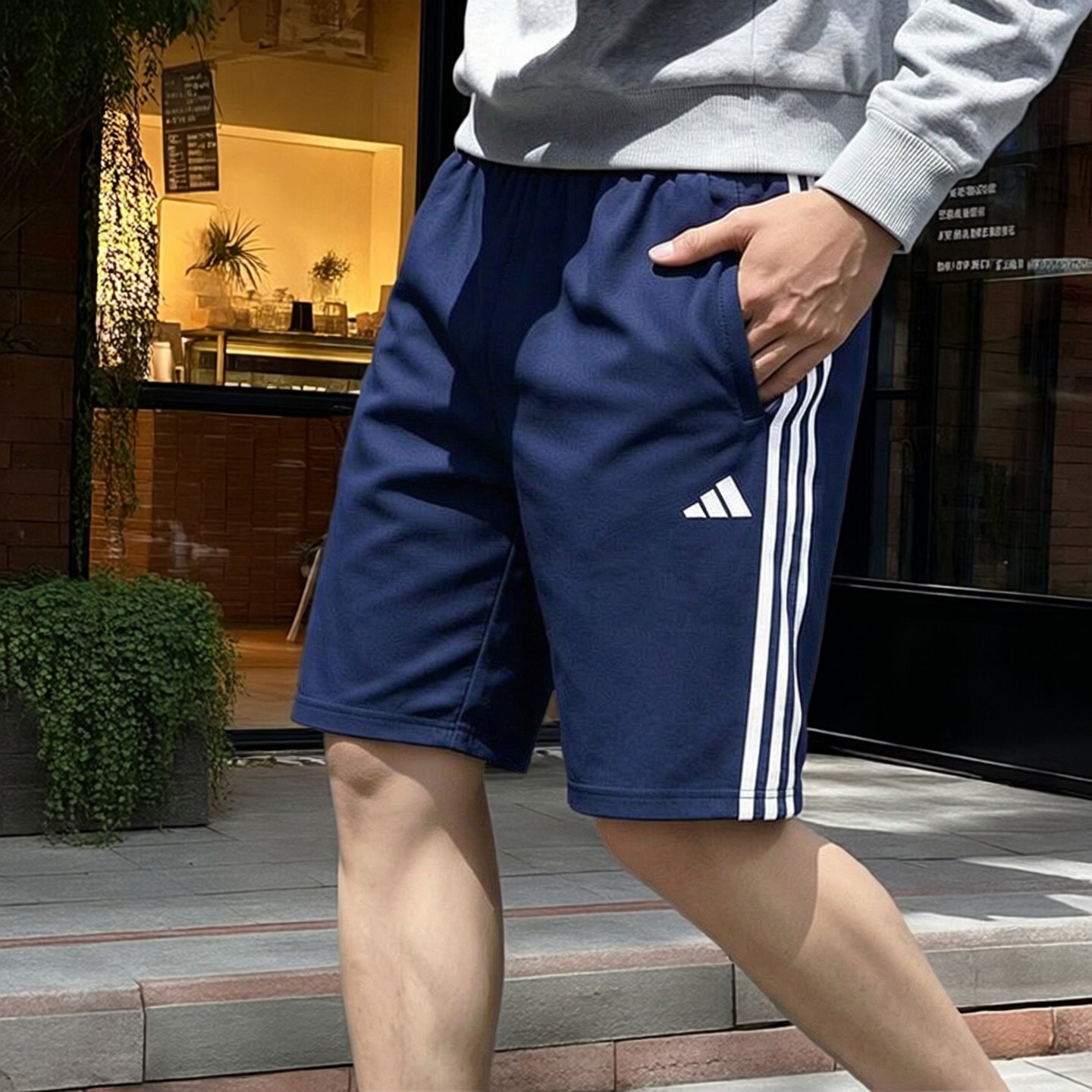 阿迪达斯蓝色短裤男裤夏季三条纹运动裤裤透气宽松休闲裤五分裤子