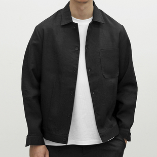 PHEATHER斐德 黑色仿麻易打理短宽翻领夹克