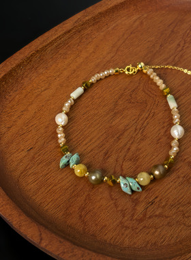 彩色天然石串珠手链精致复古小众珍珠多巴胺高级感叠戴手串