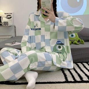 春季新款韩版睡衣女翻领开衫棉质长袖可爱卡通甜美外穿家居服套装