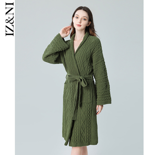 睡袍女冬季 IIZZINI 长袖 保暖加厚半边绒中长款 橄榄绿奢华浴袍