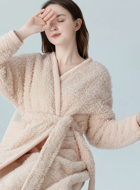 IIZZINI 2021睡袍女冬长袖珊瑚绒加厚法兰绒系带简约女家居服浴袍