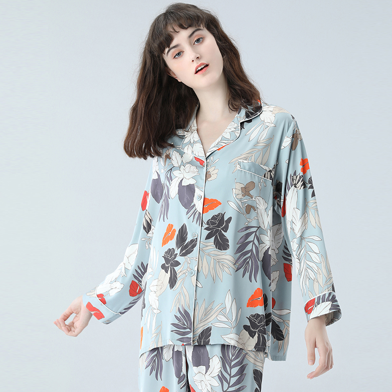 中国风女冰丝长袖长裤家居服套装