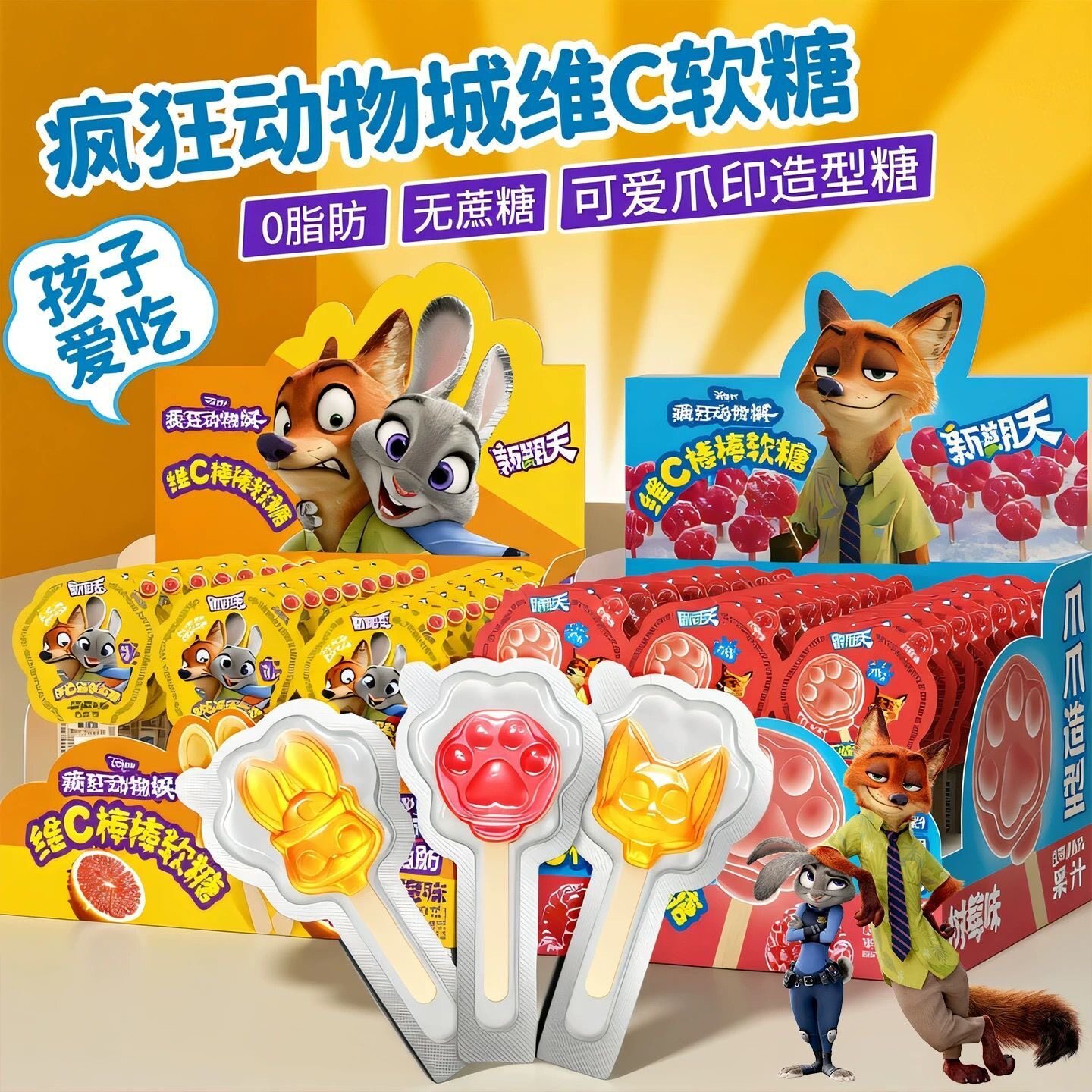 新期天疯狂动物城维C棒棒软糖12g树莓血橙味果汁软糖趣味造型糖果