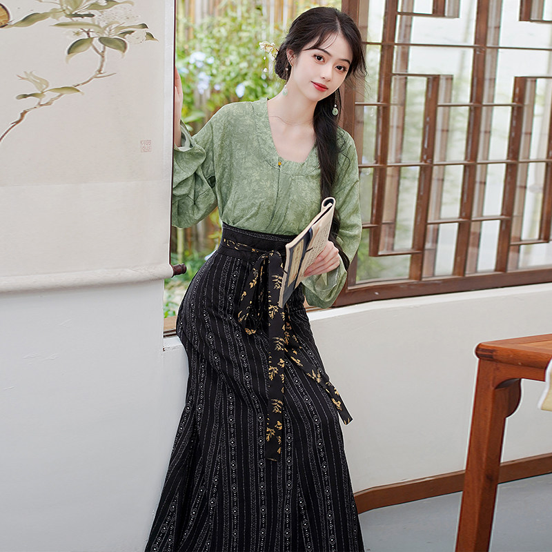 REAL SHOT: NEW CHINESE-STYLE DAILY HANFU IMPROVED TANG DRAPED-NECK SHIRT LONG-SLEEVED SHIRT VERSATILE THIN JACQUARD EIGHT-BROKEN SKIRT