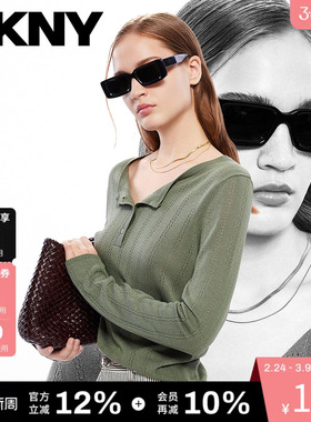 DKNY唐可娜儿秋季现代优雅镂空纯色套头圆领长袖针织衫女士设计感