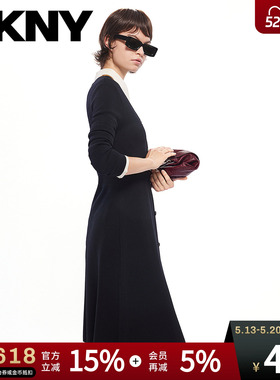 DKNY唐可娜儿春季长袖针织连衣裙子女简约V领收腰显瘦纯黑色百搭