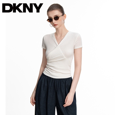 DKNY唐可娜儿美式天丝羊毛V领交叉短袖T恤女夏季新款收腰显瘦上衣