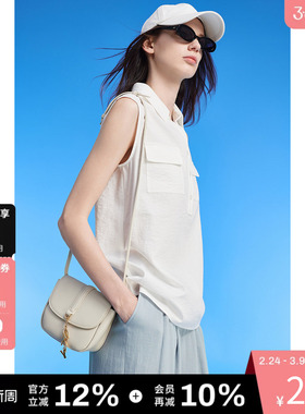 DKNY唐可娜儿夏季简约通勤白色翻领时尚百搭无袖衬衫上衣女士休闲