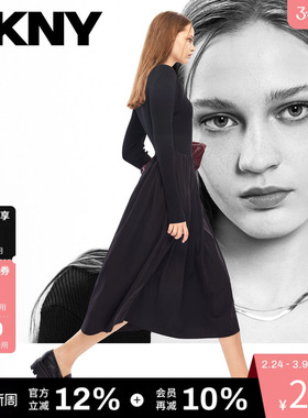 DKNY唐可娜儿秋季芭蕾风大方领口针梭相拼黑色长袖连衣裙女高级