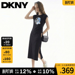 复古时尚 DKNY唐可娜儿26夏季 连衣裙女士收腰印花开叉美式 短袖 新款