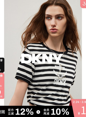 DKNY唐可娜儿春夏季短袖T恤女圆领黑白条纹印花正肩上衣百搭休闲