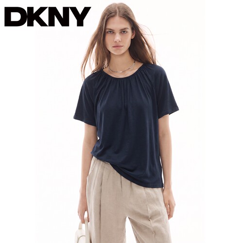 DKNY唐可娜儿美式U领褶皱短袖T恤女2026夏季新款宽松显瘦慵懒上衣