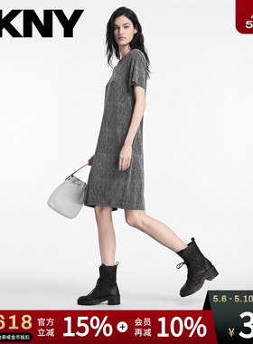 DKNY唐可娜儿26夏季新款短袖连衣裙女宽松圆领银丝满钻时尚潮流