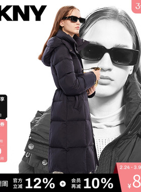 DKNY唐可娜儿秋冬女装时尚拼皮休闲连帽收腰长款面包服羽绒服时尚