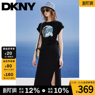 连衣裙女黑色圆领LOGO印花美式 短袖 复古开叉潮 款 DKNY唐可娜儿夏季