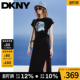 连衣裙女黑色圆领LOGO印花美式 短袖 复古开叉潮 款 DKNY唐可娜儿夏季