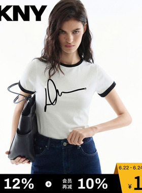 DKNY唐可娜儿夏季短袖T恤女撞色盘带绣LOGO正肩圆领上衣白色潮流