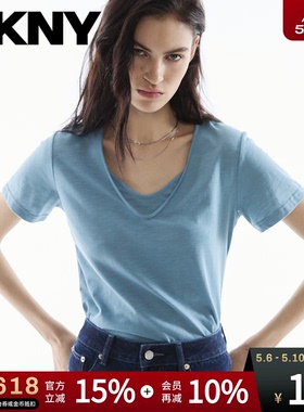 DKNY唐可娜儿26夏季新款短袖T恤女假两件V领正肩显瘦时尚简约上衣