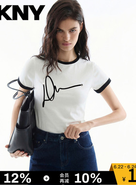 DKNY唐可娜儿夏季短袖T恤女撞色盘带绣LOGO正肩圆领上衣白色潮流