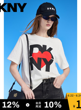 【100%棉】DKNY唐可娜儿26夏季新款短袖T恤女印花白色正肩上衣潮