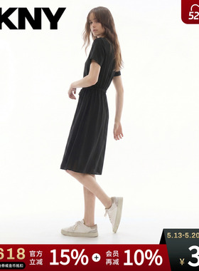 DKNY唐可娜儿26夏季新款短袖连衣裙女半开襟短袖收腰休闲时尚黑色