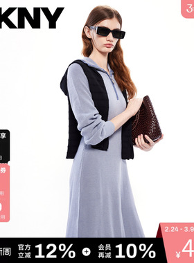 【含羊毛】DKNY唐可娜儿春季针织连衣裙女翻领收腰气质风百搭拉链