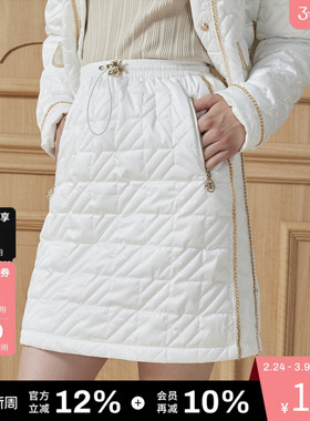 DKNY唐可娜儿秋冬松紧腰千鸟格绗棉链条装饰半身短裙女士时尚休闲