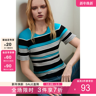 针织衫 简约条纹撞色开叉套头短款 上衣女 新款 DKNY唐可娜儿2025夏季