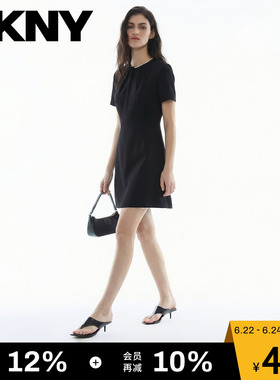 DKNY唐可娜儿26夏季新款短袖连衣裙女黑色直筒钻领休闲简约A字潮