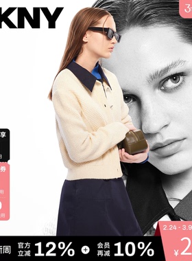 DKNY唐可娜儿秋季都市休闲通勤圆领宽松长袖针织开衫外套女士上衣
