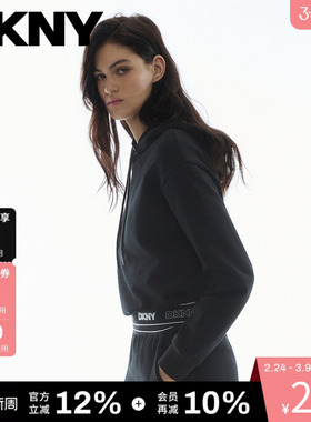 【100%棉】DKNY唐可娜儿26春季新款连帽卫衣女印花黑色短款上衣潮