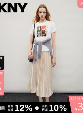 DKNY唐可娜儿春夏细褶半身裙女简约复古满钻飘逸褶裥时尚潮流高级