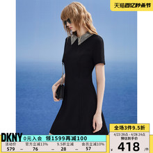 DKNY/唐可娜儿2024春夏新品女针织花呢翻领拼接正肩短袖连衣裙