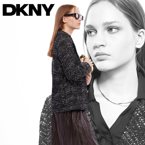DKNY唐可娜儿25秋季新款上衣简约百搭通勤毛呢粗花呢西装外套女