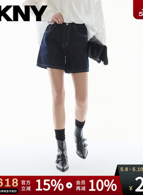 DKNY JEANS唐可娜儿26夏季新款牛仔短裤女复古明线刺绣深蓝裤子潮