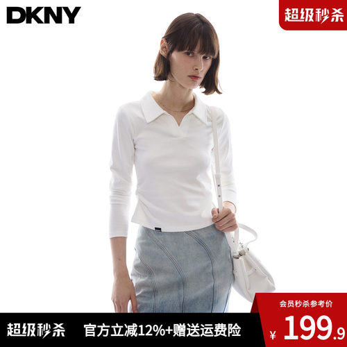 DKNY唐可娜儿美式POLO领长袖T恤女春秋季修身百搭打底衫内搭上衣t