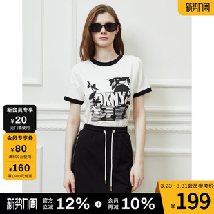 口字母刺绣LOGO印花短袖 黑白撞色袖 T恤 女士经典 DKNY唐可娜儿夏季