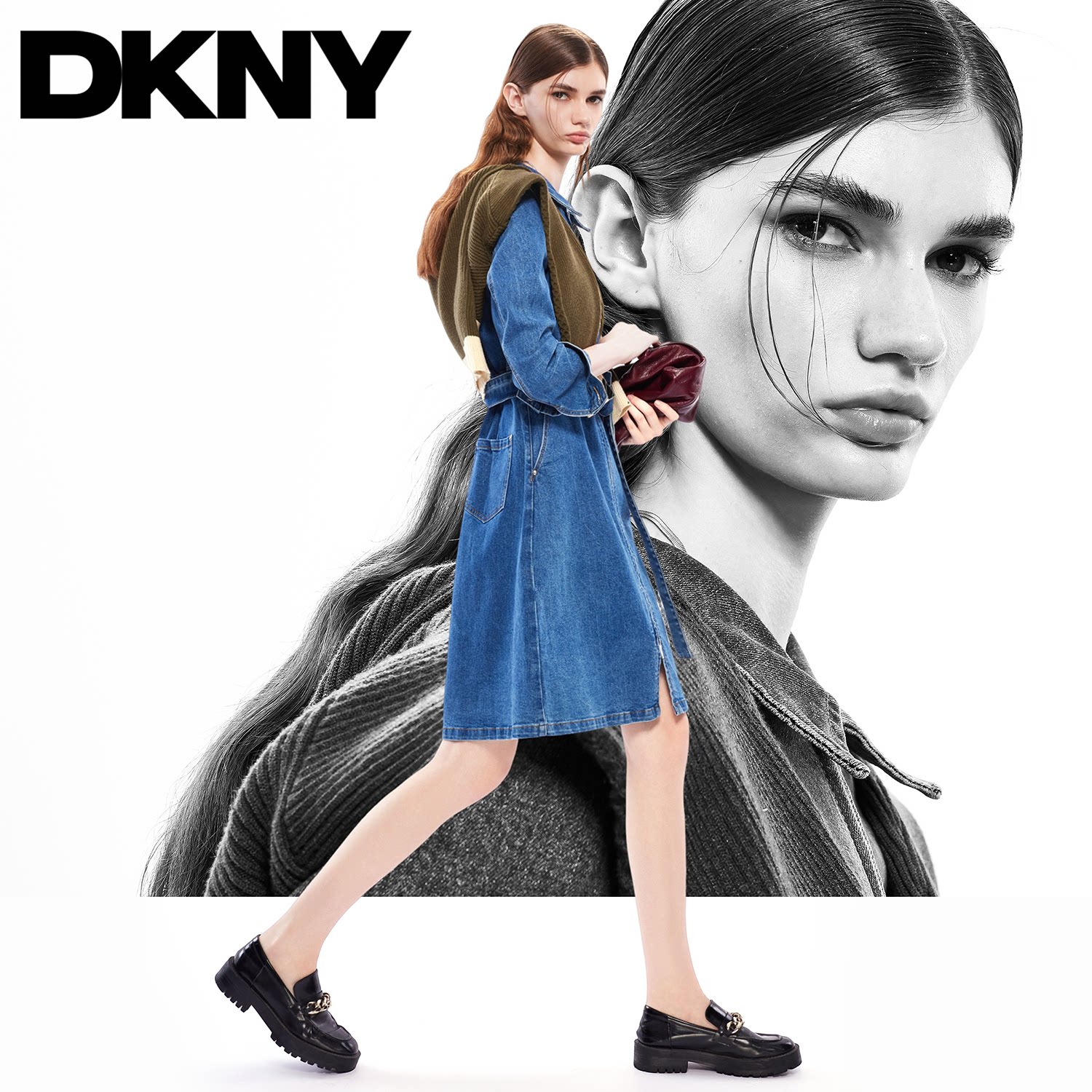 DKNY唐可娜儿春季女士双头拉链经典款水洗牛仔连衣裙含腰带设计感